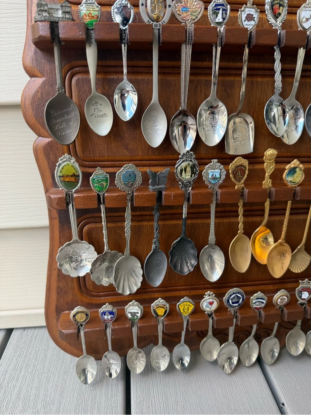 64 Vintage & Collectible Souvenir Travel Spoons + Wooden Display Rack
